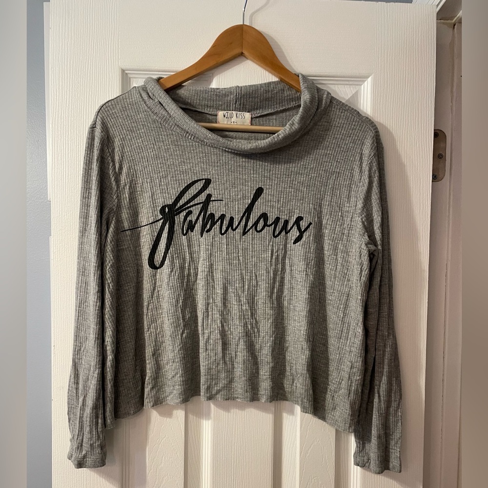 Womens Ladies medium turtleneck long sleeve ribbed crop top fabulous gray